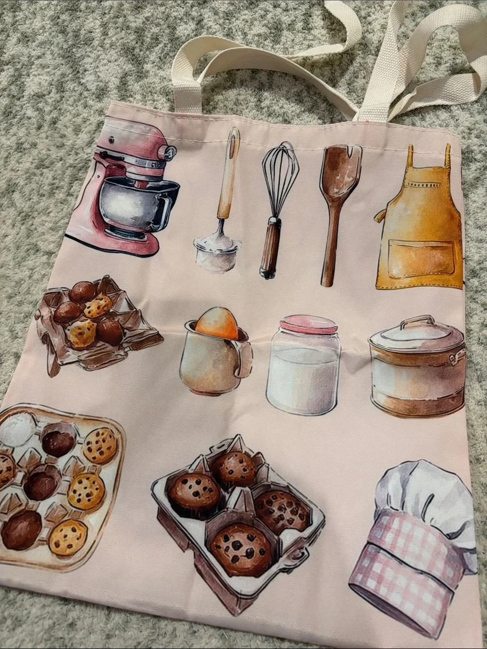 Kitchen Baking Poly Canvas Tote Bag in Light Pink with Cute Baking Print NWT